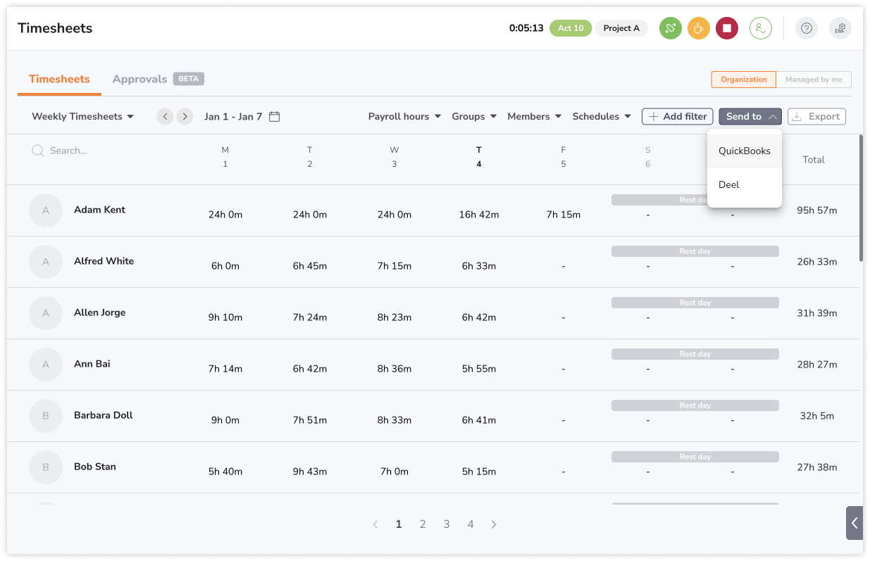 Send to QuickBooks button on timesheets